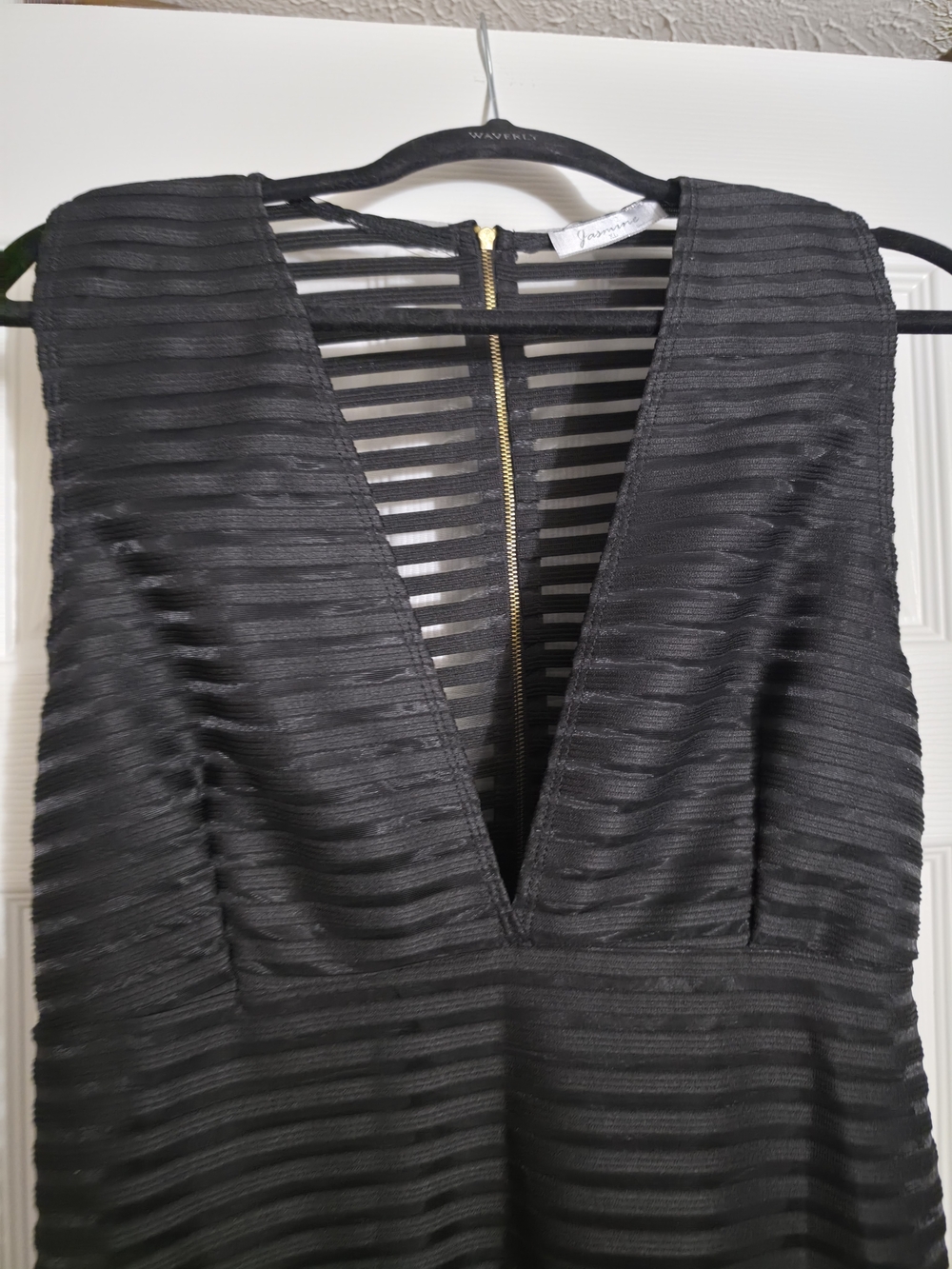 XL Jasmine Black Strapless Sheer-Striped Plunge Dress